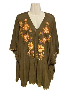 Umgee Floral Embroidered Olive Green Casual Kimono Top Sz S/M